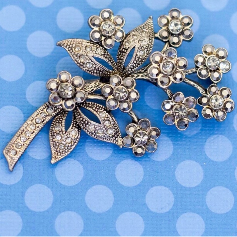Vintage Brooch Rhinestone Dainty Floral Silver Tone & Rhinestones